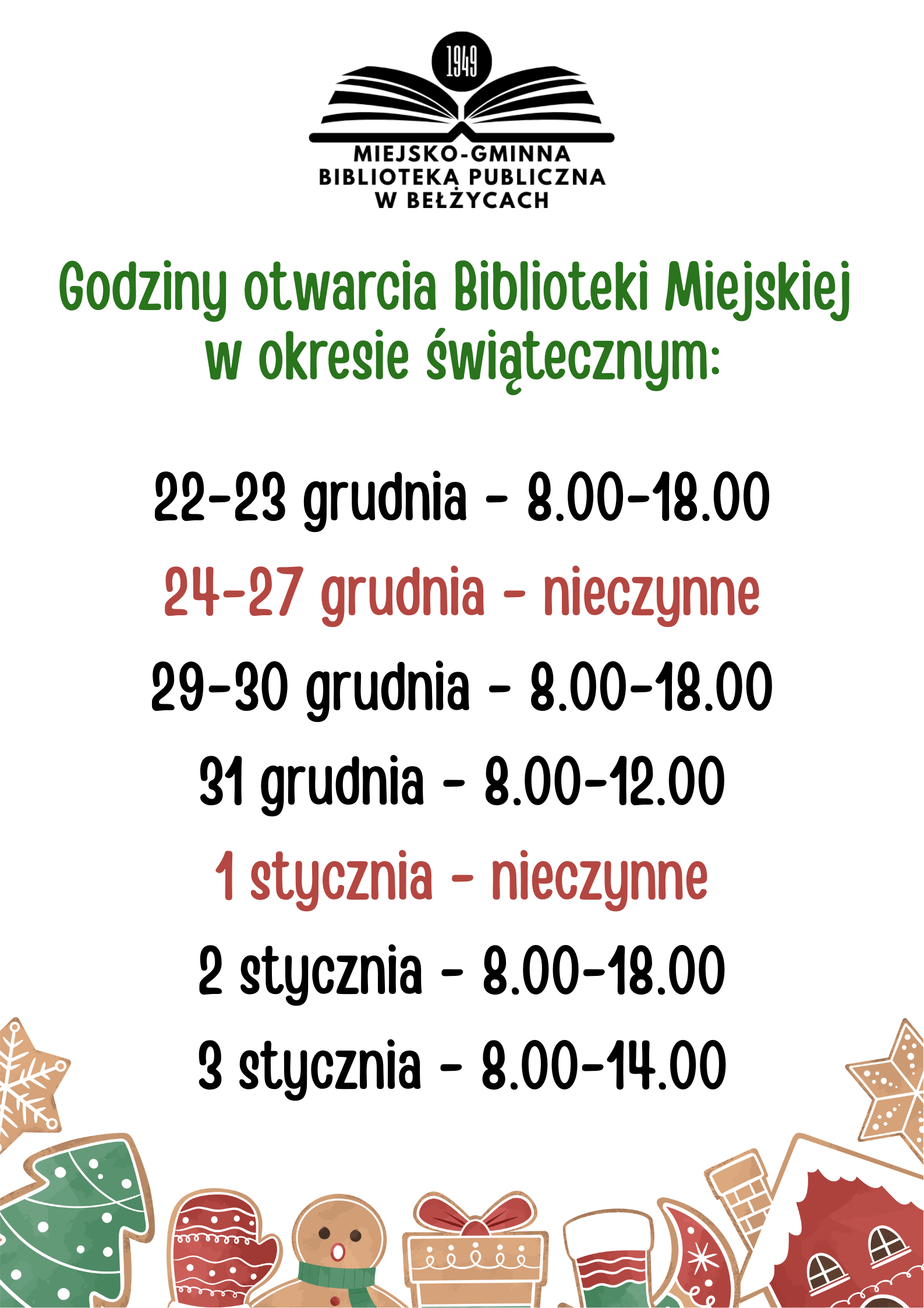 Godziny otwarcia Biblioteki Miejskiej w okresie świątecznym