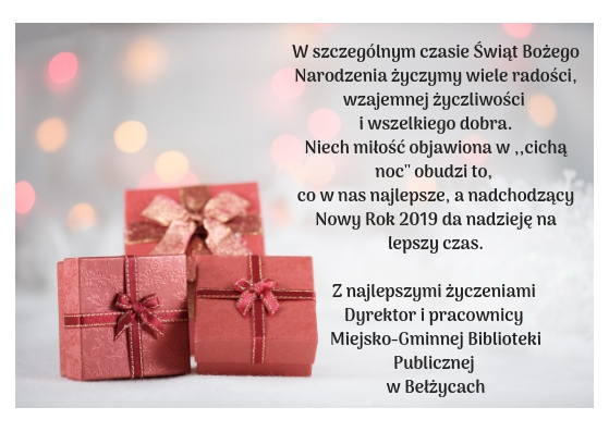 W szczególnym czasie Świąt Bożego Narodzenia życzymy wiele radości wzajemnej życzliwości i wszelkiego dobra.Niech miłość objawiona w cichą noc obudzi to co w nas najlepsze a nadchodzący Nowy Rok 2019 da nadzi